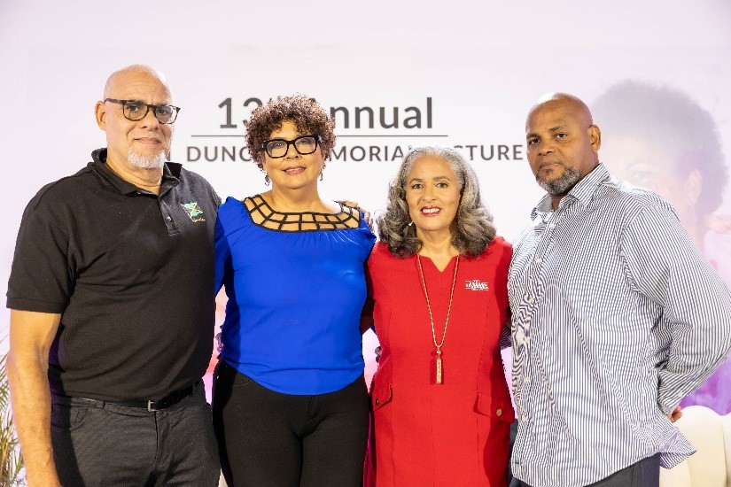 Main guest speakers (left to right) Keith Duncan, Chief Executive Officer, JMMB Group; Patricia Duncan-Sutherland, Chairman, JMMB Joan Duncan Foundation; Donna Duncan-Scott, Group Chief Culture and Human Development Officer, JMMB Group; and David Duncan, Chief Executive Officer, Optimum Distributors, share a moment following the 13th Annual Joan Duncan Memorial Lecture, where they reflected on how family values have shaped leadership and entrepreneurial success.